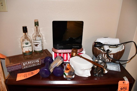 MISC. ITEMS ON SHELF: HAND WEIGHTS, HAIR DRYER, ETC.