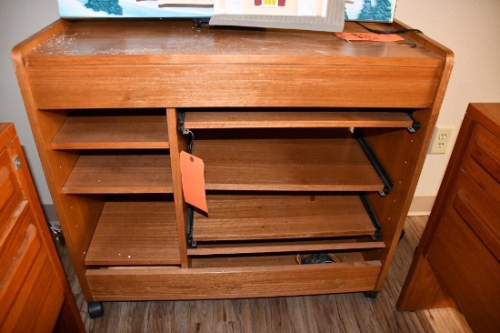 BROWN WOOD CART W/3 PULL OUT SHELVES & 3 ADJUSTABLE SHELVES, ON WHEELS, 17" X 36" X 33"T