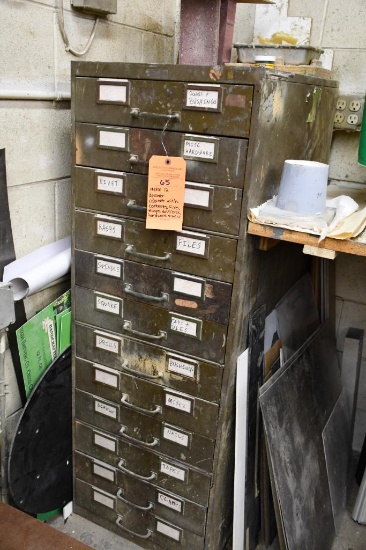 METAL 12 DRAWER CABINET WITH CONTENTS; FILES, RASPS, DRILL BITS, HARDWARE & MISC.