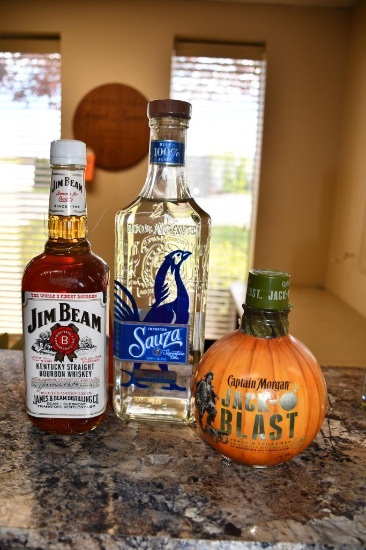 BOTTLE OF JIM BEAM, BOTTLE OF SAUZA & JACK-O-BLAST CAPTAIN MORGAN, MUST BE 21