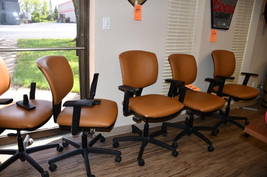 (6) BROWN VINLY CHAIRS, ADJUSTABLE, ON WHEELS, SOME ARMS BROKEN