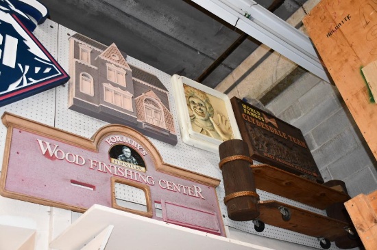 (5) SIGNS/SHELF ON THESE TWO PEG BOARDS, BRING TOOLS
