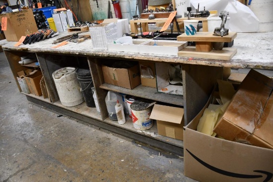 WOODEN WORK TABLE AND SHELVING WITH CONTENTS UNDER TABLE, PAPER DISPENSER, CONE FORM,