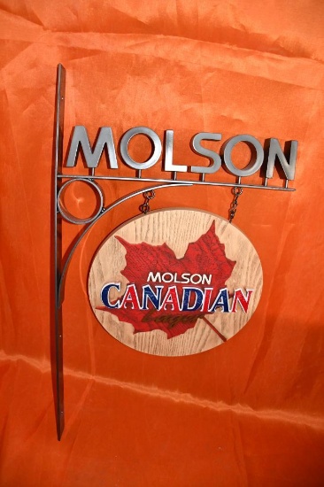 MOLSON CANADIAN FOAM SIGN ON METAL HOLDER W/BOX