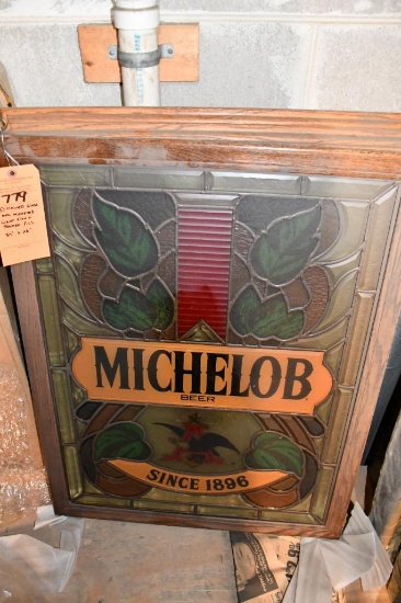 (3) STAINED GLASS LOOK MICHELOB LIGHT SIGNS & FRAMED PICS, 34" X 26"