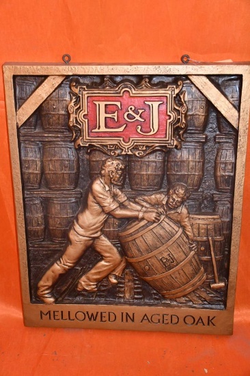 E&J MELLOWED IN AGED OAK SIGN, 23" X 20"