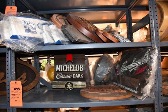 SHELF 1 & 2: ADVERTISING SIGNS, VARIOUS SIZES & COLORS-LEINENKUGEL, MOLSON, ETC.
