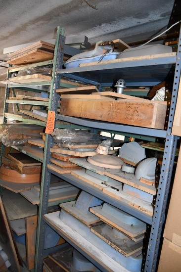 (2) METAL SHELVING UNITS - GREEN AND GRAY, INCLUDES CONTENTS AND MOLDS IN FRONT OF SHELVING,