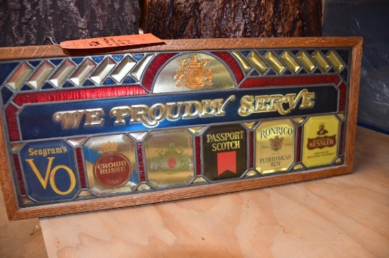 "WE PROUDLY SERVE" PLASTIC STAINED GLASS SIGN, 28" X 12"