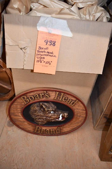 BOX OF BOAR'S HEAD POLYURETHANE SIGNS, 15-1/2" X 10-1/2"
