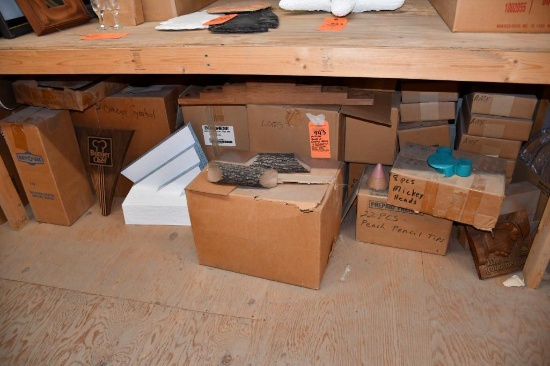 MULTIPLE BOXES OF DISPLAY ITEMS ON FLOOR: LOGS, PENCIL ENDS, MICKEY HEADS, ETC.