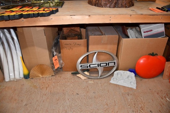 LARGE ASSORTMENT OF DISPLAY ITEMS ON FLOOR: SURF BOARDS, TIPS, SIGNS & MISC.