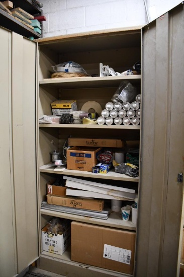 TWO DOOR METAL STORAGE CABINET WITH FIVE SHELVES, INCLUDES CONTENTS; MISC. SUPPLIES,