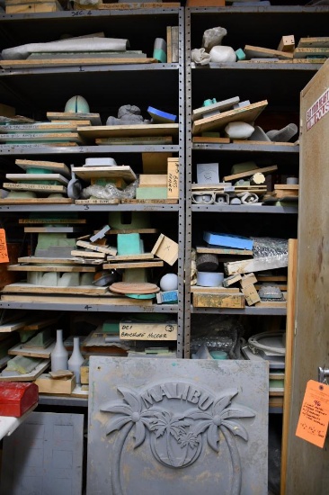 (5) METAL SHELVING UNITS WITH CONTENTS; ASSORTED MOLDS,