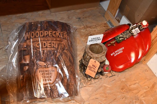 SECTION OF ASSORTED SIGNS & DISPLAYS: ANGRY ORCHARD, WOODPECKER CIDER