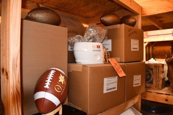 SECTION OF SHELF: DOS EQUIS, HELMET NAPKIN COASTER HOLDERS, FOOTBALLS, (SOME WITHOUT LABELS),