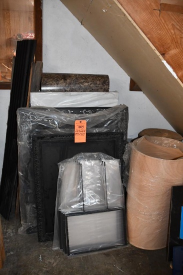 PICTURE FRAMES, SMALL PIECES OF PLASTIC SLATWALL & ROLL OF VENEER