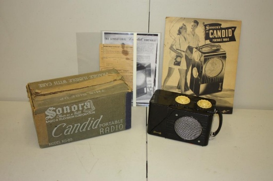 VINTAGE SONORA CANDID PORTABLE RADIO WITH BOX AND POINT OF SALE DISPLAY, KG-80