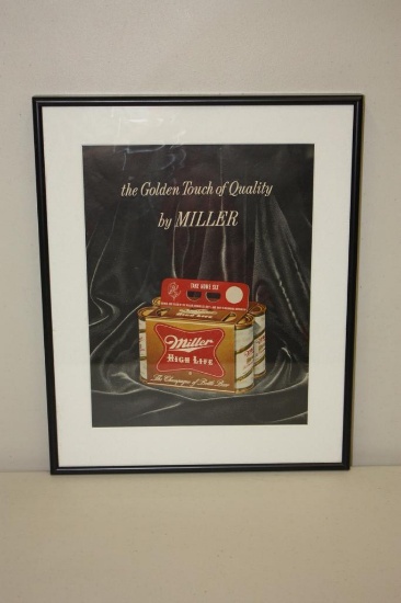 1958 MILLER HIGH LIFE BEER PAPER MAGAZINE ADVERTISING. MATTED AND FRAMED, 16" X 13"