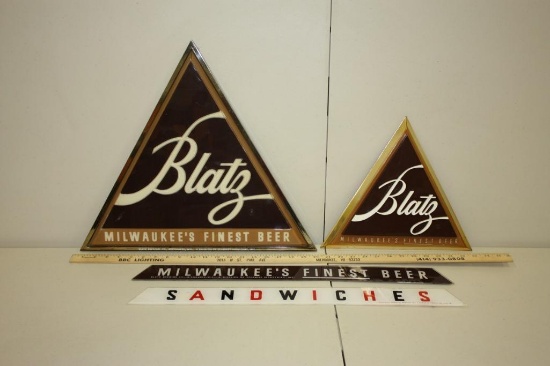 (4) BLATZ BEER ADVERTISING SIGNS. PLASTIC MILWAUKEE'S FINEST BEER AND SANDWICHES
