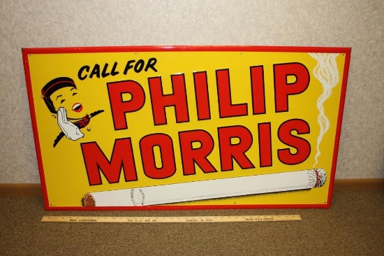 VINTAGE PHILIP MORRIS CIGARETTE ADVERTISING TIN TACKER SIGN, 41" X 23"