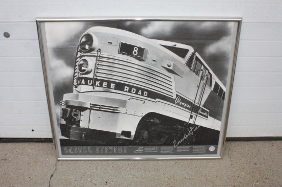 BROOKS STEVENS ONE MAN'S INDUSTRIAL REVOLUTION, MILWAUKEE ROAD FRAMED PRINT, 31" X 26", SIGNED