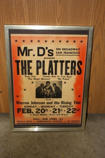 RARE FRAMED AND MATTED, THE PLATTERS CONCERT POSTER, 1950'S, MR D'S SAN FRANCISCO
