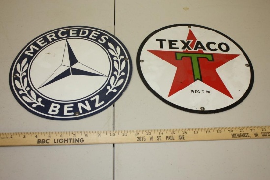 (2) TEXACO PUMP PLATE AND MERCEDES BENZ SIGN, CONTEMPORARY
