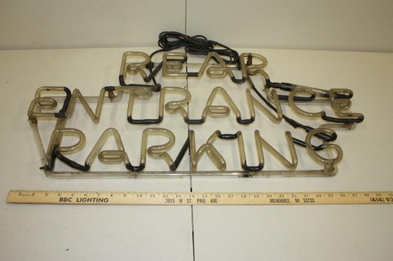 VINTAGE NEON ADVERTISING SIGN, REAR ENTRANCE PARKING, 31" X 16"
