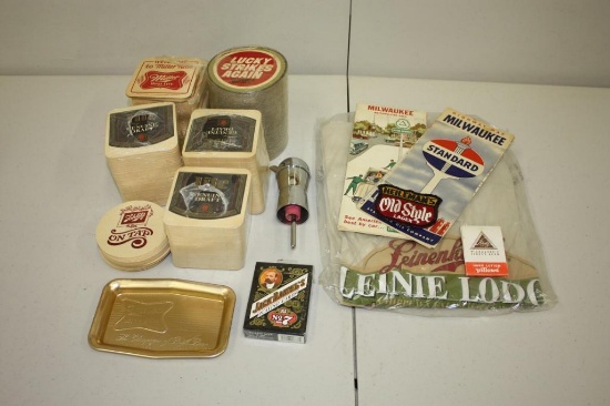 BOX WITH MISC ITEMS: MILLER BEER, LUCKY STRIKE, SCHLITZ, OLD STYLE, BLATZ, TRAYS, PATCHES ETC.