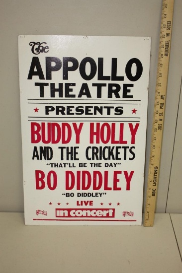 VINTAGE APPOLLO THEATRE CARDBOARD BUDDY HOLLY IN CONCERT ADVERTISING SIGN, 22" X 14"