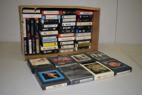 BOX WITH VINTAGE 8 TRACK TAPES, CLASSIC ROCK; DOOBIES, POLICE ETC.