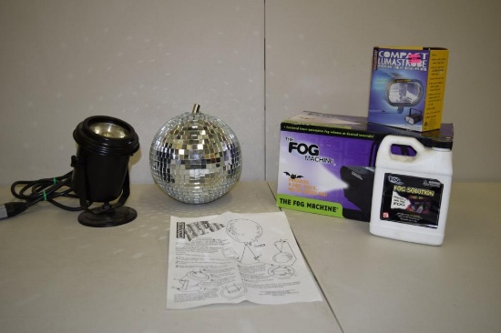 VINTAGE MOTORIZED DISCO BALL, FOG MACHINE AND SPOTLIGHT