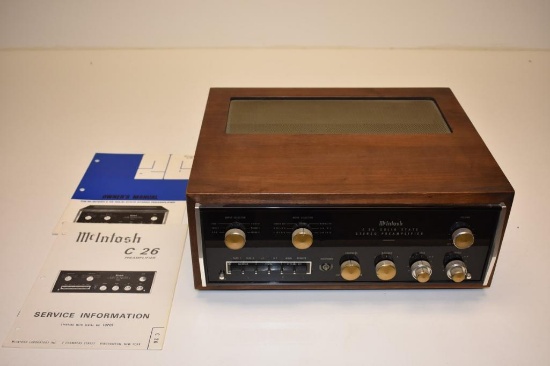 VINTAGE MCINTOSH C26 SOLID STATE STEREO PREAMPLIFIER, WITH WALNUT CASE AND MANUAL
