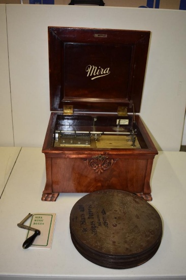 RARE MIRA SINGLE COMB 12" MUSIC BOX WIT DISCS (27) WORKS WELL