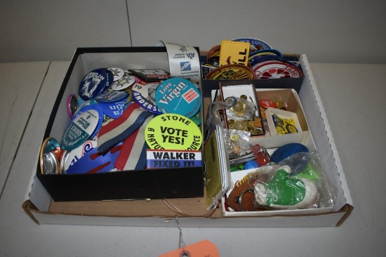 BOX OF VARIOUS PATCHES, PINS, KEY CHAINS, ETC.