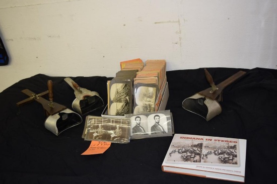 (3) ANTIQUE STEREO VIEWERS WITH BOX OF STEREO SLIDES