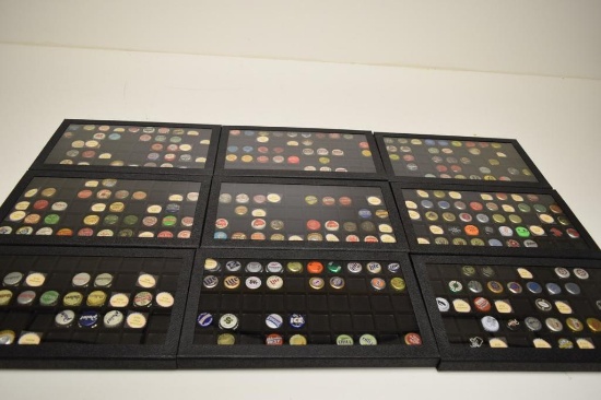 LARGE DISPLAYS OF VARIOUS BEER BOTTLE CAPS CAP COLLECTION