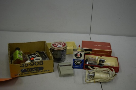 BOX OF MISC TAPE RECORDING SUPPLIES, HEAD CLEANER, HEAD DEMAGNETIZER, SPLICER, ETC.