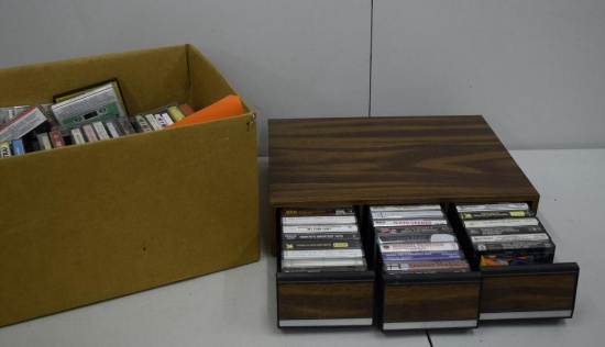 BOX WITH LARGE SELECTION OF CASSETTE TAPES, VARIOUS ARTISTS, POLKA ETC.