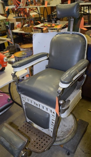EMIL JA PAIDAV BARBER CHAIR PORCELAIN WITH HEADREST AND FOOT REST, NEEDS CLEANING & SOME WORK