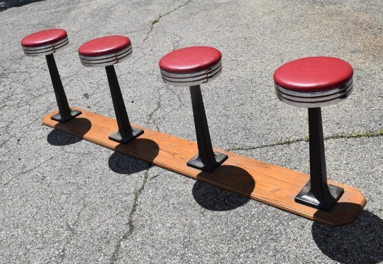 (4) VINTAGE BAR STOOLS WITH CAST BASE AND WOOD PLATFORM SODA FOUNTAIN
