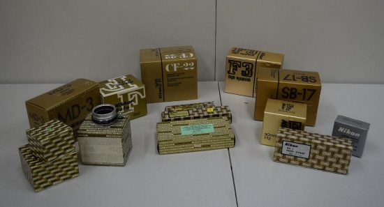 LARGE LOT OF NIKON FILM CAMERA ACCESSORIES, EMPTY BOXES FOR DISPLAY