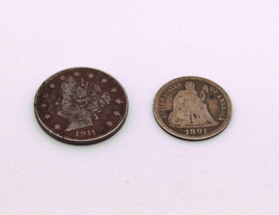 (2) COINS; 1889 LIBERTY DIME & 1911 LIBERTY HEAD NICKEL