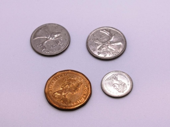 (4) CANADIAN COINS; $1 LOONIE, CANADIAN DIME AND CANADIAN QUARTERS