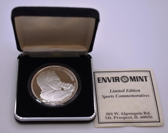 VINCE LOMBARDI SUPER BOWL CHAMPIONS .999 FINE SILVER COIN, #1272 WITH CERTIFICATE OF AUTHENTICITY