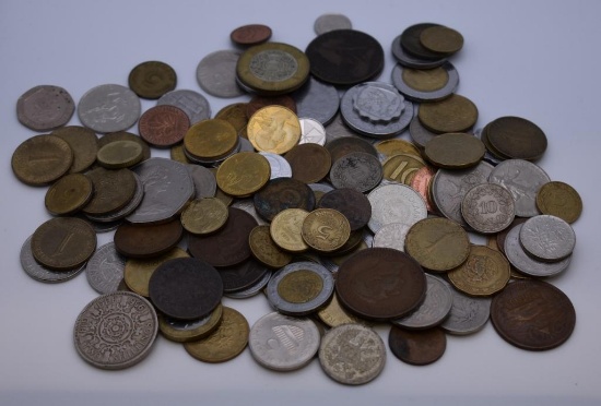 LARGE LOT OF 100 FOREIGN NUMISMATIC COINS, MOST FROM CANADA, AS SHOWN, ALL FOR ONE MONEY