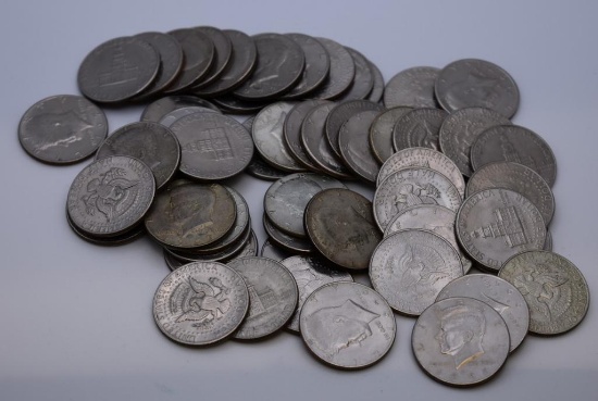 LOT OF 54) JOHN F. KENNEDY HALF DOLLAR NUMISMATIC COINS, MOST ARE POST 1964, ALL FOR ONE MONEY