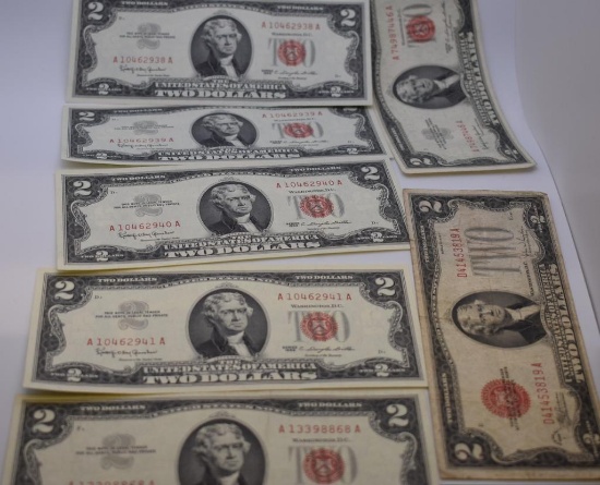 LOT OF $2 US DOLLAR BILLS , INCLUDES A NUMBER OF SILVER PAPER CURRENCY CERTIFICATES AS SHOWN
