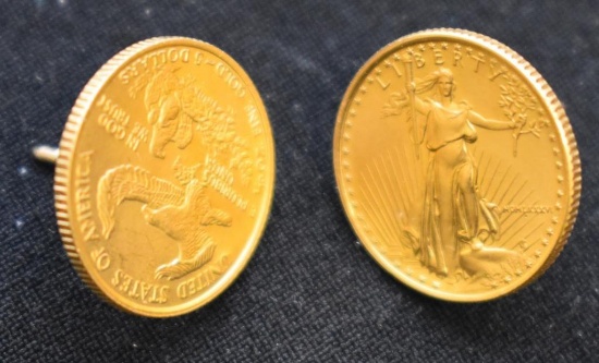 PAIR OF US AMERICAN GOLD EAGLE COINS WITH EARRING BACKS, 1 TROY OUNCE GOLD, 22 KARATS